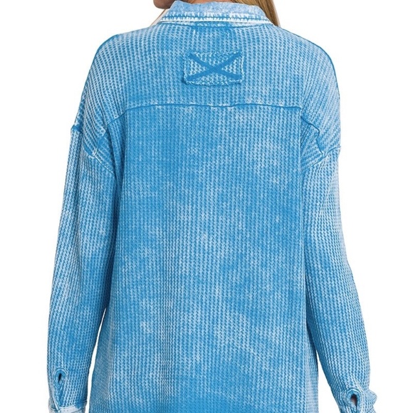 Zenana Mixed Media Acid Wash Burnt Blue Cotton Shacket Textured Button Up New - Picture 3 of 5